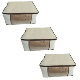 Kit 3 Caixas G Organizar Guarda Roupa TNT Bege Visor PVC