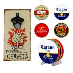 Abridor de Garrafas Cerveja + Kit 4 Porta Copos Com Suporte
