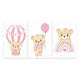 Kit 3 Quadros Ursinho Balão Infantil Quarto Menina Placas Mdf