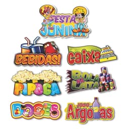 Kit 7 Placas Festa Junina Bebidas Caixa Pipoca Doces Jogos
