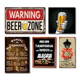 Kit Bar 3 Placas + Quadro Porta Tampas + Abridor de Garrafas C/ Imã Cerveja Mdf
