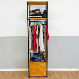 Arara de Roupas de Ferro e Madeira Middle Style Industrial Slim com 1 Gaveteiro Nozes e Preto