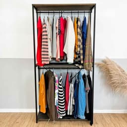Arara de Roupas de Madeira e Ferro Twice Style Industrial Ample Tabaco e Preto