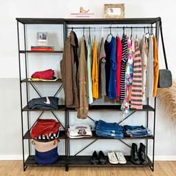 Armário Arara de Roupas Industrial Closet Completo Modular Ample de Ferro e Madeira Tabaco e Preto