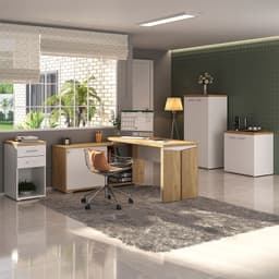 Conjunto de Escrivaninha com Armário de Escritório e Gaveteiro 5 PT 2 GV Smart Toq Olmo e Branco