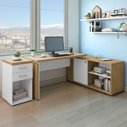 Conjunto de Escrivaninha com Gaveteiro Smart Toq 1 PT 2 GV Branco e Olmo