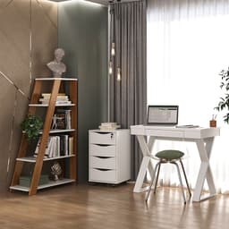 Conjunto de Escrivaninha com Gaveteiro e Estante de Escritório Star Bit Veneza 5 GV Branco e Freijó