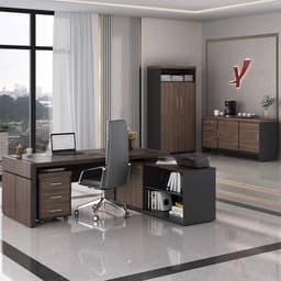 Conjunto de Mesa com 2 Armários de Escritório e Gaveteiro Executivo 5 PT 6 GV Marrom e Preto