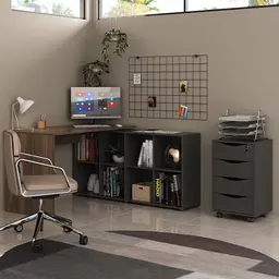 Mesa de Escritório em L Nero com Gaveteiro Bit 4 GV Ipê e Preta