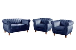 Conjunto Realeza Sofá com Poltronas Chesterfield Decoração Sala Recepção - Suede Azul Marinho