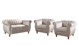 Conjunto Realeza Sofá com Poltronas Chesterfield Decoração Sala Recepção - Suede Bege Claro