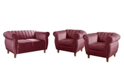 Conjunto Realeza Sofá com Poltronas Chesterfield Decoração Sala Recepção - Suede Bordô