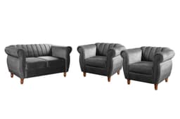 Conjunto Realeza Sofá com Poltronas Chesterfield Decoração Sala Recepção - Suede Cinza