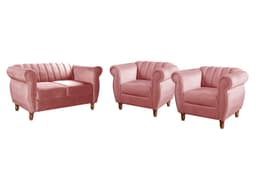 Conjunto Realeza Sofá com Poltronas Chesterfield Decoração Sala Recepção - Suede Rosa