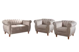 Conjunto Realeza Sofá com Poltronas Chesterfield Decoração Sala Recepção - Veludo Capuccino