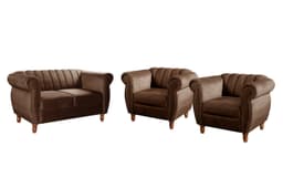 Conjunto Realeza Sofá com Poltronas Chesterfield Decoração Sala Recepção - Veludo Marrom