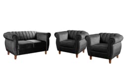 Conjunto Realeza Sofá com Poltronas Chesterfield Decoração Sala Recepção - Veludo Preto