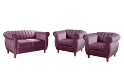Conjunto Realeza Sofá com Poltronas Chesterfield Decoração Sala Recepção - Veludo Roxo