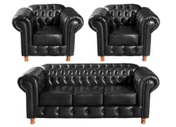 Conjunto Sofá 3 Lugares Chesterfield Capitonê E 2 Poltronas Luís Xv - Couríssimo Preto