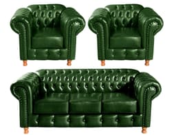 Conjunto Sofá 3 Lugares Chesterfield Capitonê E 2 Poltronas Luís Xv - Couríssimo Verde