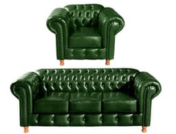 Conjunto Sofá 3 Lugares Chesterfield Capitonê E Poltrona Luís Xv - Couríssimo Verde