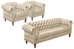 Conjunto Sofá Chesterfield 3 Lugares E 2 Poltronas Dom Pedro - Couríssimo Bege