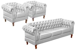 Conjunto Sofá Chesterfield 3 Lugares E 2 Poltronas Dom Pedro - Couríssimo Branco