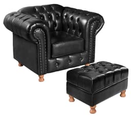 Kit Conjunto Poltrona Com Puff Chesterfield Capitonê Luís Xv - Couríssimo Preto