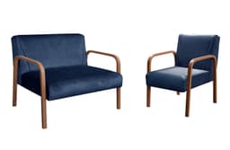 Kit Namoradeira E Poltrona Anita Braço Madeira - Suede Azul Marinho