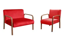 Kit Namoradeira E Poltrona Anita Braço Madeira - Suede Vermelho