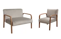 Kit Namoradeira E Poltrona Anita Braço Madeira - Veludo Capuccino