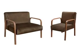 Kit Namoradeira E Poltrona Anita Braço Madeira - Veludo Marrom