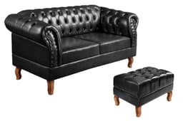 Kit Sofá 2 Lugares Com Puff Chesterfield Capitonê Sala, Recepção - Couríssimo Preto