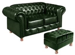 Sofá 2 Lugares Chesterfield Capitonê Com Puff Decorativo Luís Xv Apoio De Pés - Couríssimo Verde