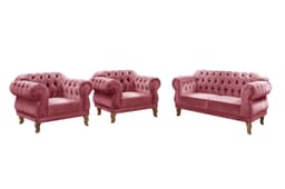 Sofá Chesterfield Capitonê 2 Lugares E 2 Poltronas Duquesa Para Sala Recepção - Suede Rosa