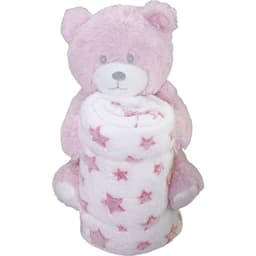 Bichinho com Pelúcia 18cm com Manta 75x75cm Ursinho Rosa