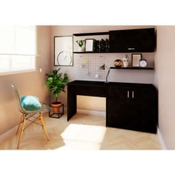 Conjunto de Mesa com Armário de Escritório, Armário Aéreo e 3 Prateleiras Corar Preto