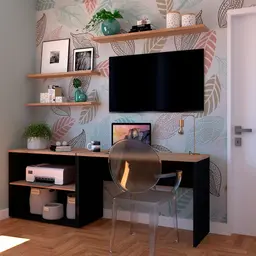 Conjunto de Mesa com Estante e 3 Prateleiras Siena Preto e Carvalho Mel