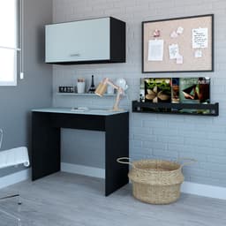 Escrivaninha com Armário Aéreo e Nicho Patt Preto e Cinza Cristal