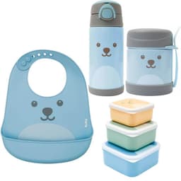 Kit Introdução Alimentar Bebê Buba Gumy Azul Garrafa Pote Térmicos Babador Potinhos P M G