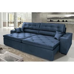 Sofá Austin 2,62m Retrátil Reclinável, Molas no Assento e Almofadas, Tecido Suede Velusoft Azul