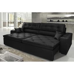Sofá Austin 2,82m Retrátil, Reclinável, Molas no Assento e Almofadas, Tecido Suede Velusoft Preto