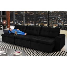 Sofá Austrália 3,82 Mts Retrátil, Reclinável Com Molas e Pillow no Assento Tecido Suede Preto- Cama InBox