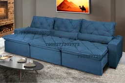 Sofá Lisboa 3,82m Retrátil, Reclinável com Molas no Assento e Almofadas Lombar Tecido Suede Azul