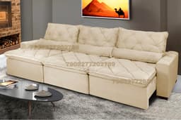 Sofá Lisboa 4,12m Retrátil, Reclinável com Molas no Assento e Almofadas Lombar Tecido Suede Bege