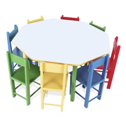 Mesa Oitavada Com 8 Cadeiras de Madeira Coloridas