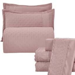 Kit Cobre Leito Casal Padrão + Jogo de Lençol Micropercal 300 Fios com Bordado Inglês Santorini 7 Peças - Malva