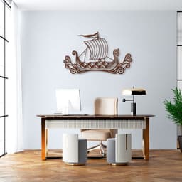 Quadro Escultura Drakkar Viking 120x74 Marrom