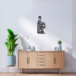 Quadro Escultura Garrafa e Taça de Vinho Frase 80x36 Preto