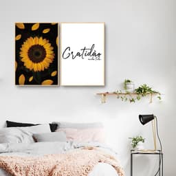 Quadro Girassol Frase Gratidão 122x86 2-86x60 Filete Marfim